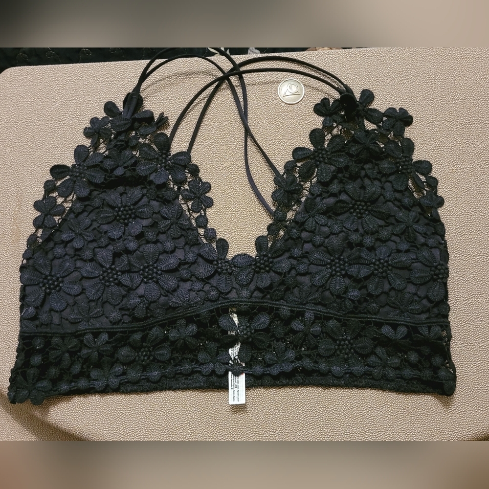 Free People Black Floral Lace Top